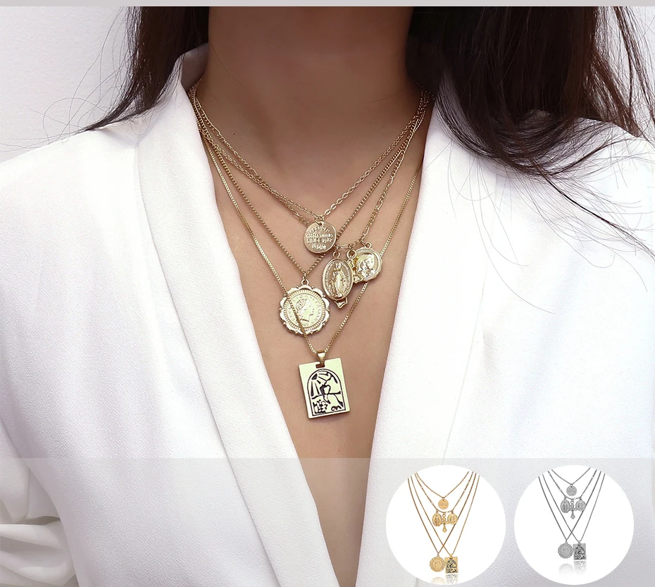 SHIXIN Boho 4 многослойное ожерелье-чокер для женщин разделяемая Длинная цепочка крест Руна девственница Мэри кулон модное ювелирное изделие для женщин
