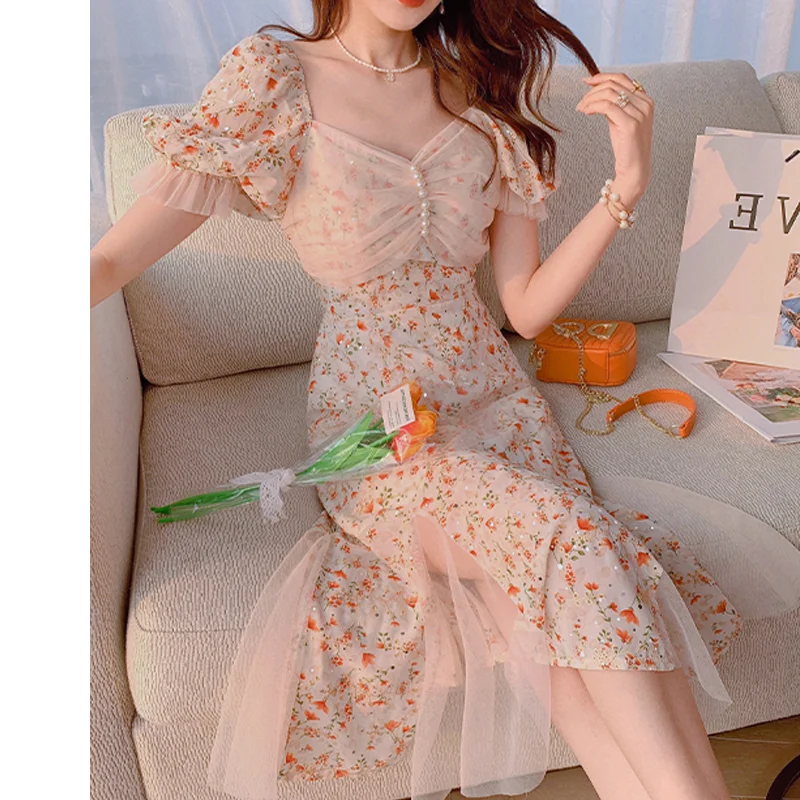 

2021 French Vintage Dress Casual Party Midi Dress Square Neck Puff Sleeve Korean Dresses Women Fashion Print Flower Beaded