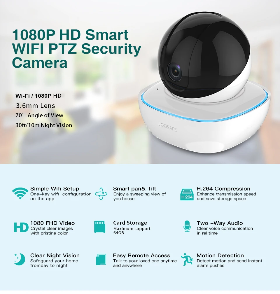LOOSAFE сети IP Камера 1080P PTZ wi-fi панорамная IP Камера домашнего видеонаблюдения Камера 2 способ звуковой сигнал Ночное видение H.264 Крытый CMOS 3,6 мм 2MP Wi-Fi Камера Поддержка Windows ПК смартфонов IOS и Android