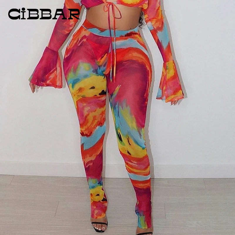 

CIBBAR Tie Dye Mesh Colorful Long Pants Women High Waist Skinny Fashion Trousers Summer Female Club Wear Outfits Streetwear
