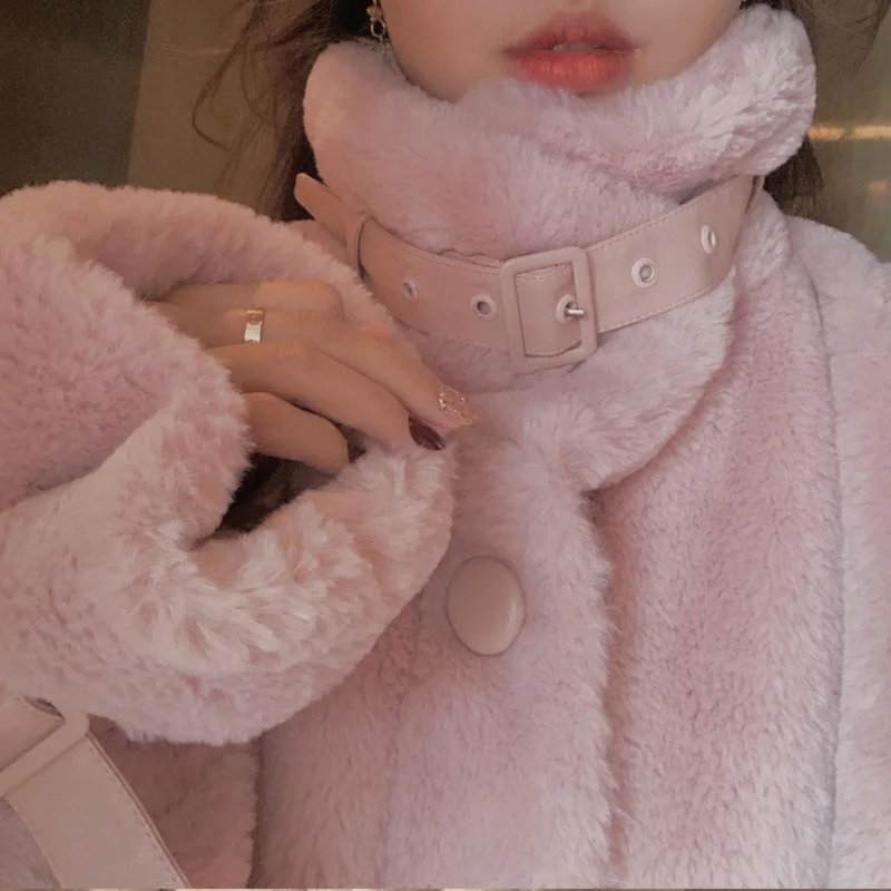 Sweet Warm Pink Faux Fur Coat Women Japanese Korean Style Kawaii Teddy Trend Coats Soft Girl Cute Lolita Fur Jacket Female Coat
