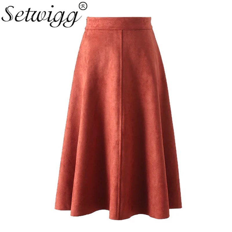 

SETWIGG Autumn Suede Solid Flared Midi Skirts High Waisted Elastic Elegant Winter A-line Skater Knee Length Skirts SG1366