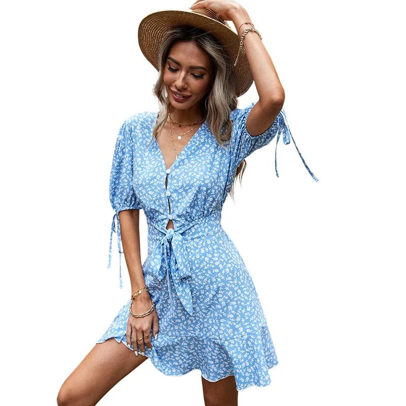 

Sweet Summer Blue Floral Casual Women V Neck Dress Single Breasted Chic Ladies Swing Sashes Mini Ruffles Party Dresses Vestidos