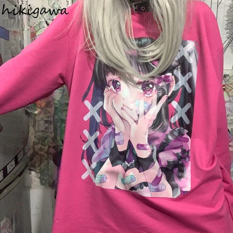 

Hikigawa Women Clothes Japanese Kawaii Tops Harajuku Oversized Sweatshirt Comic Cartoon Print Pullovers Long Sleeve Sweatshirts