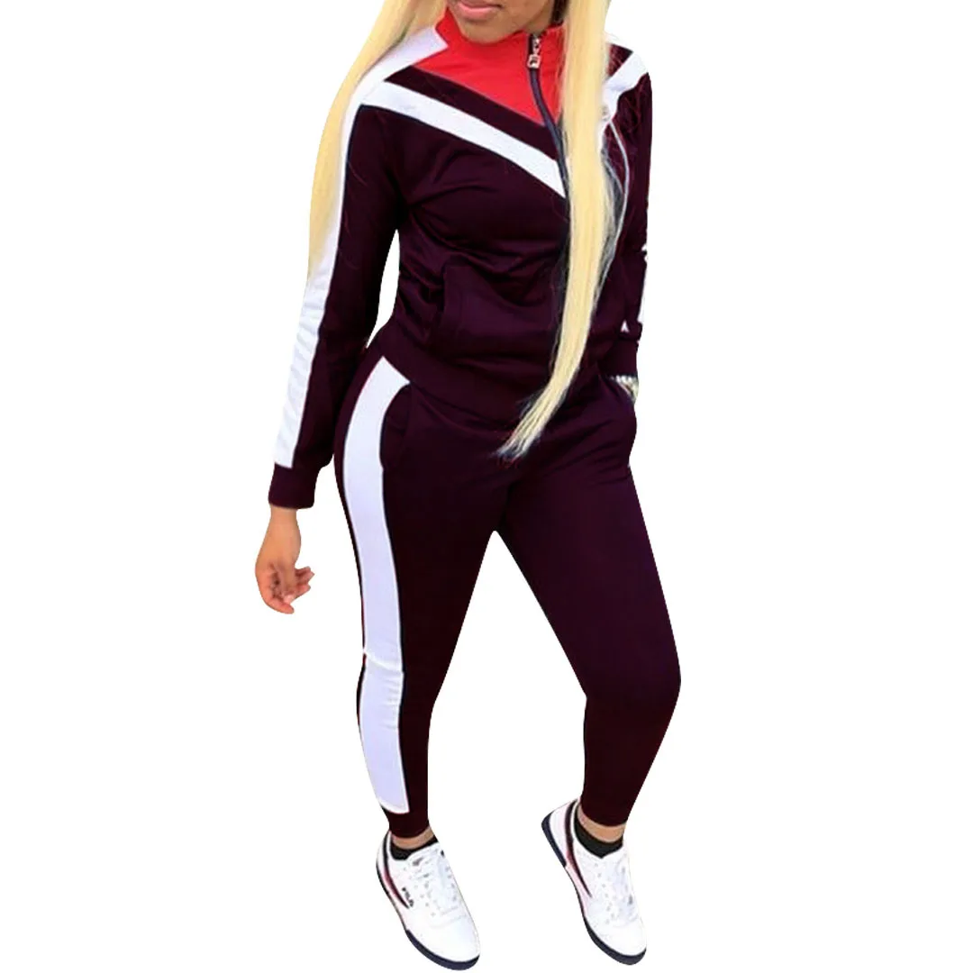 

2021 new hot selling European and American women's fashion casual suit color block splicing sports style two piece set