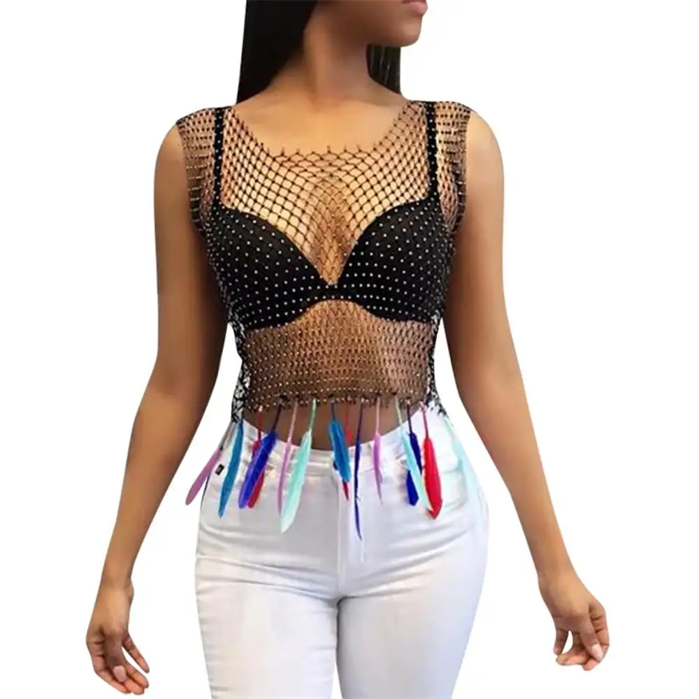 2020 сексуальный женский топ без рукавов нейлоновая ажурная рубашка со стразами