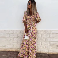 sexy v neck lace up tops and wide leg pants suits casual short sleeve boho beach women 2pc set vintage floral print lady outfits