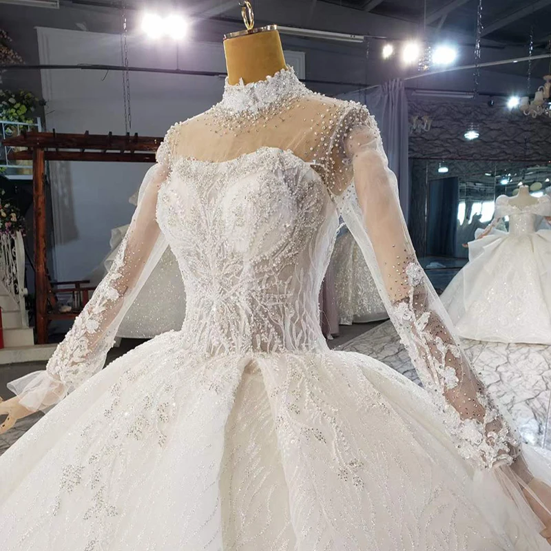 HTL2050 Detachable Shawl Luxurious High Neck Crystal Beading Sequined Wedding Dress 2021 For Woman Ball Gowns