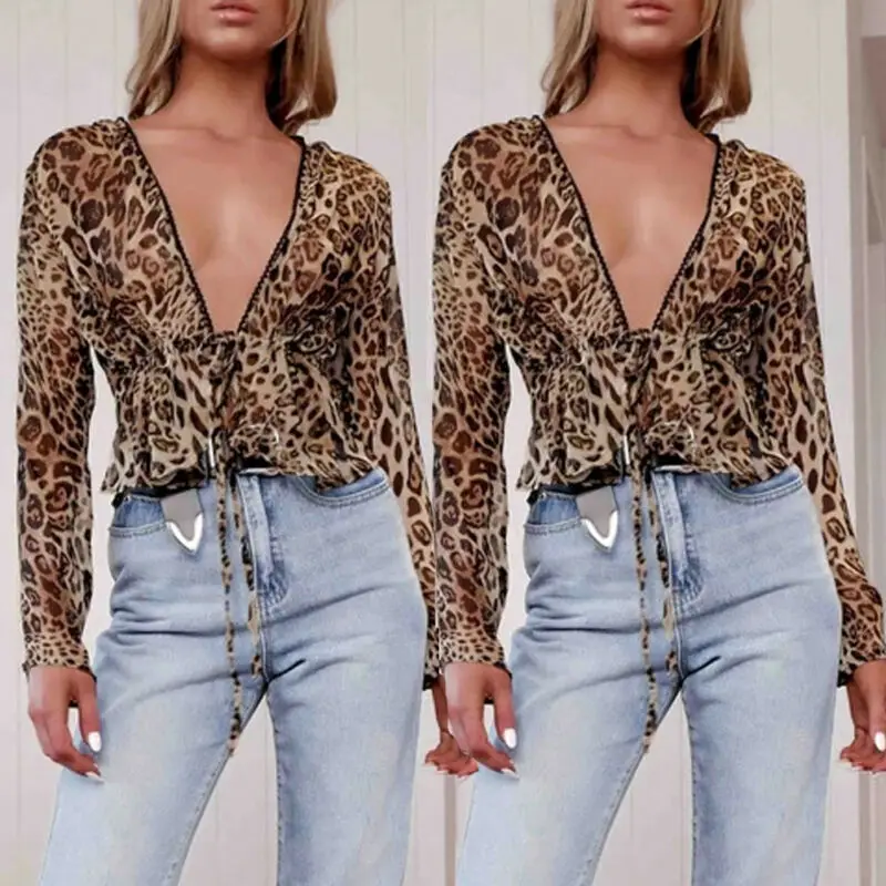 

Women Deep V-Neck Long Sleeve Snakeskin Leopard Print Shirt Tops Ladies Loose Blouse Plus Size S-XL women's clothing ropa muje