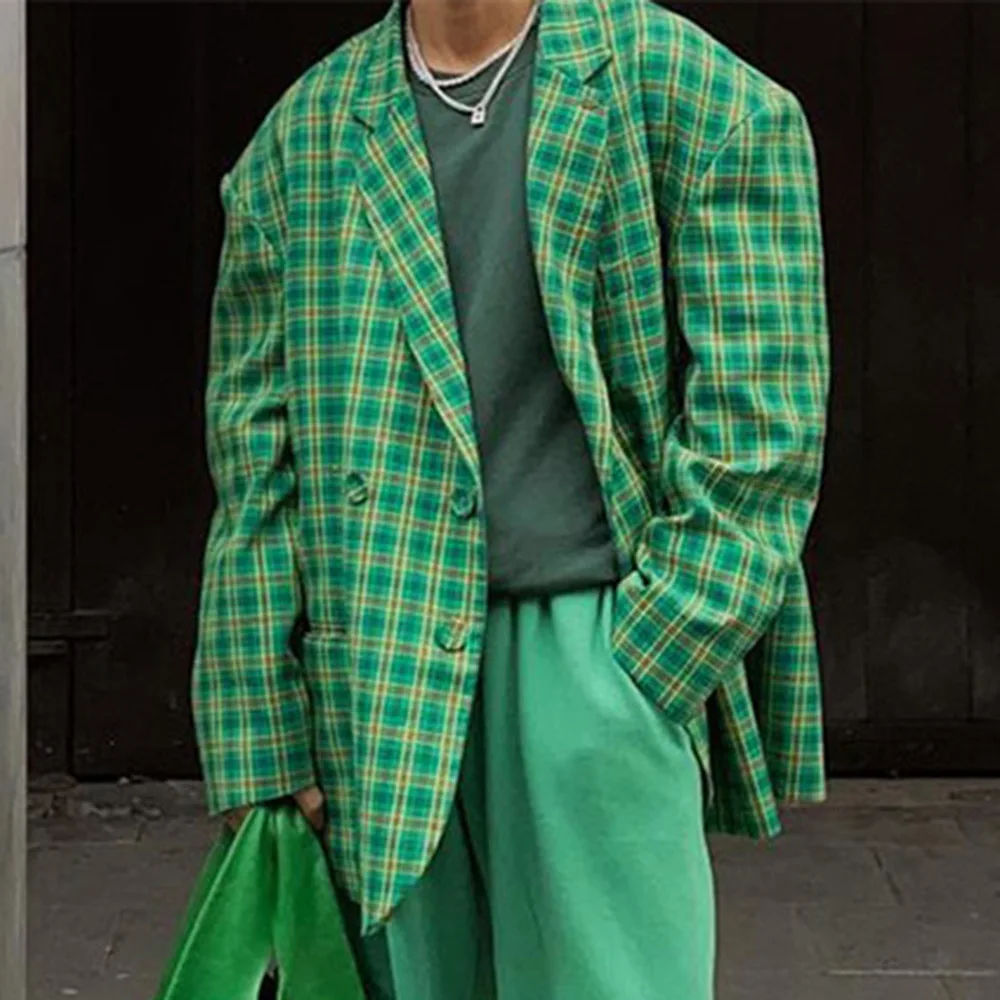 Мужская повседневная куртка в клетку зеленая Свободная с отложным воротником и