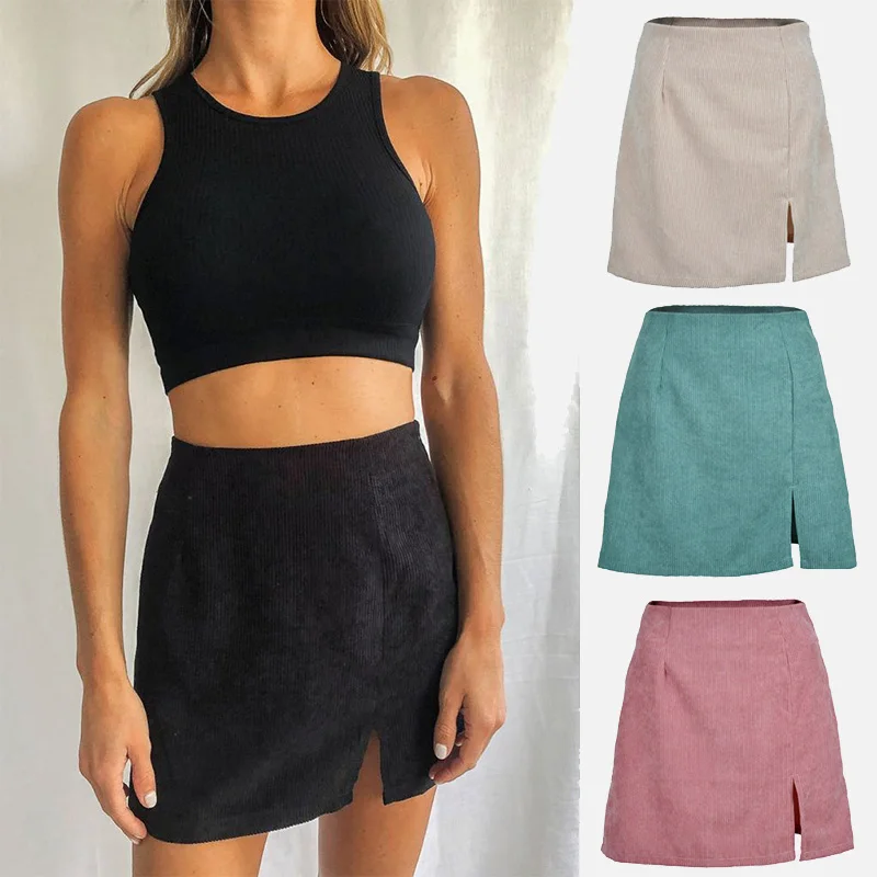 

Corduroy Split Women A-Line Mini Skirt High Waist Zipper Slim Casual Female Skirts 2021 Solid Streetwear Fashion Ladies Bottom