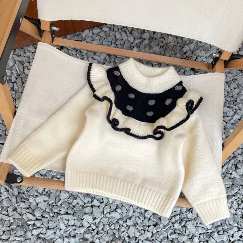 

Вязаный свитер для маленьких девочек, новинка осень-зима, корейские детские вязаные топы с длинным рукавом и оборками, модная Рождественска...