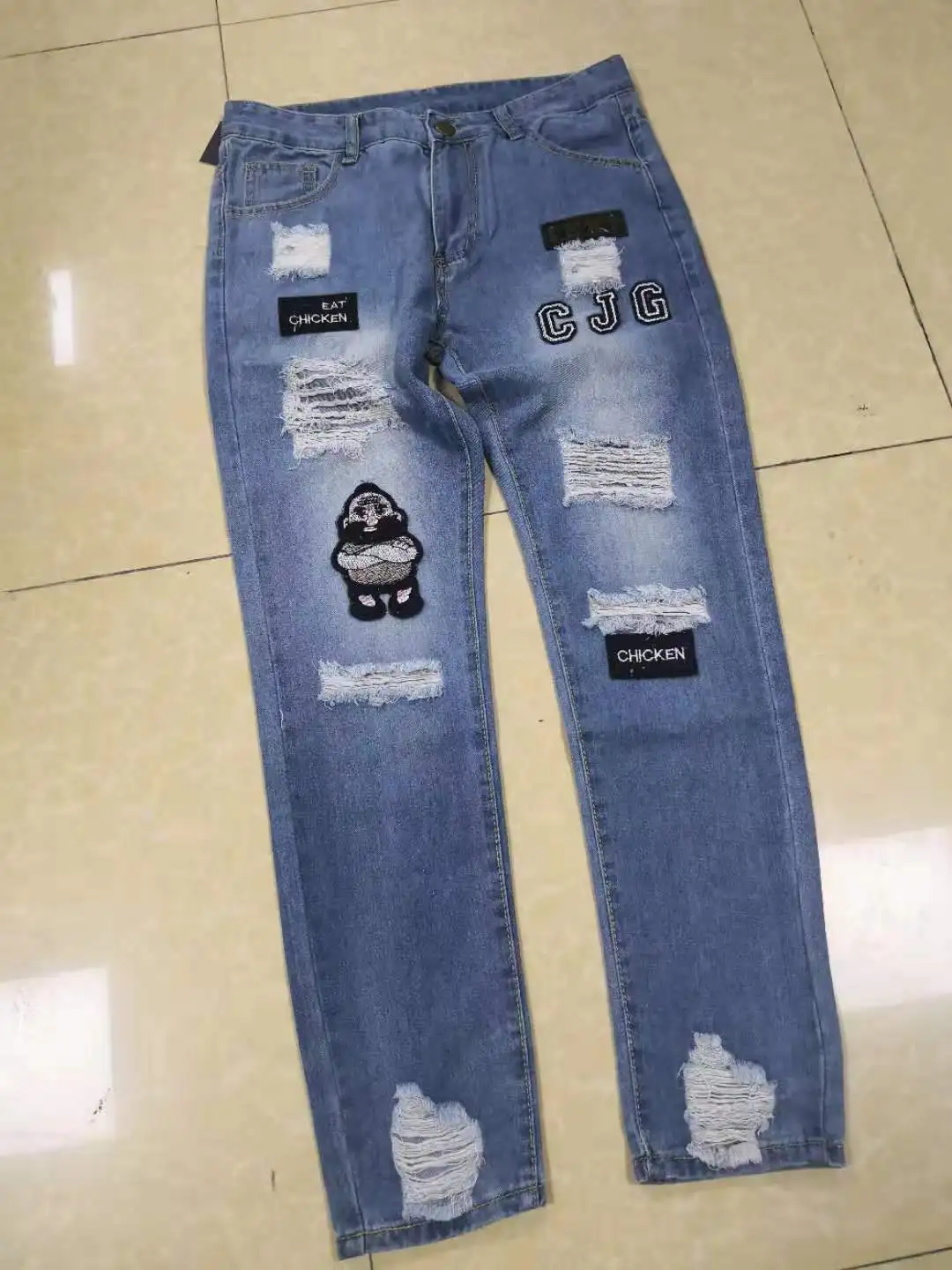 

2021 new jeans men's hot sale over the knee torn zipper mesh jeans men's feet torn new men's motorcycle pants