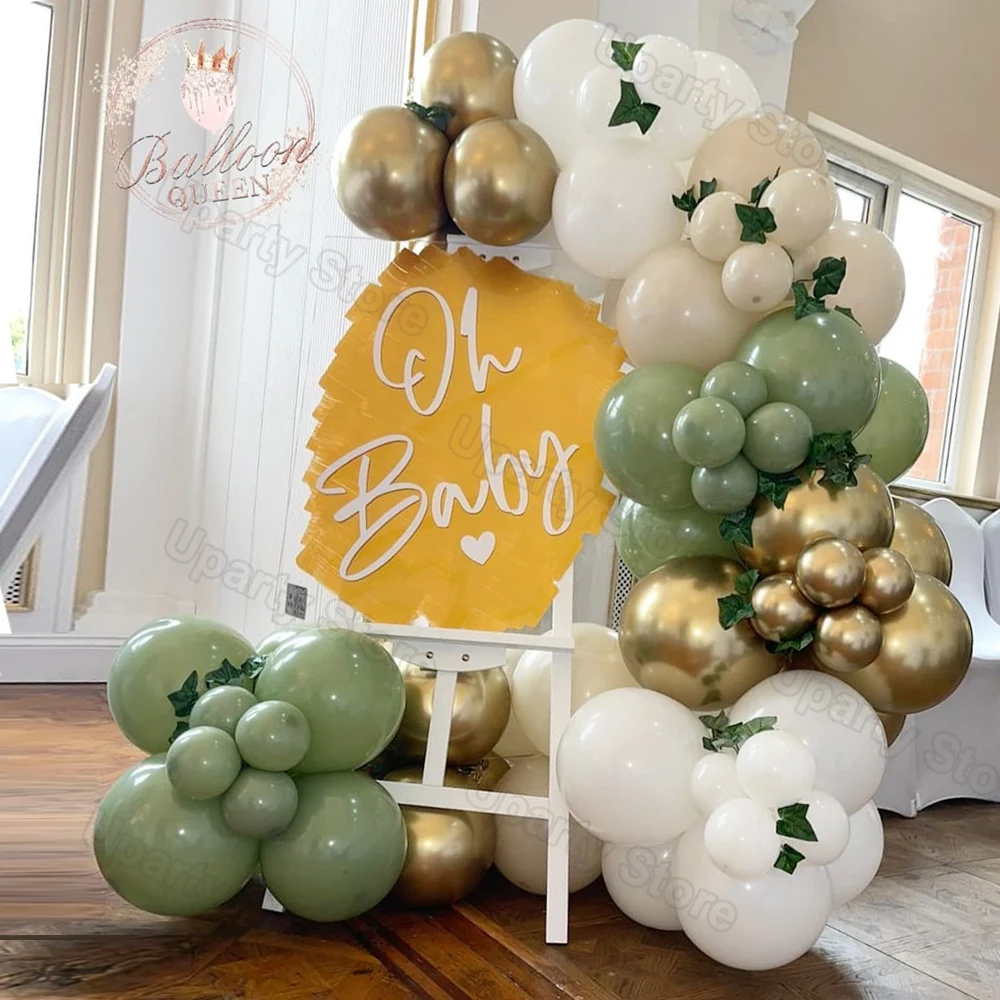 

66Pcs Birthday Balloons Avocado Green White Sand Chrome Gold Balloon Arch Garland for Baby Shower Wedding Party Decor Backdrop