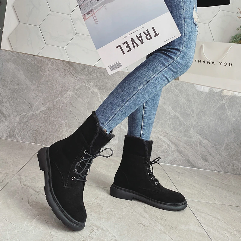 

Women Snow Boots 2020 New Female Winter Boots Lace-up Thick Artificial Wool Fur Snow Boots Women Mid-Calf Martin Boots Plus Size