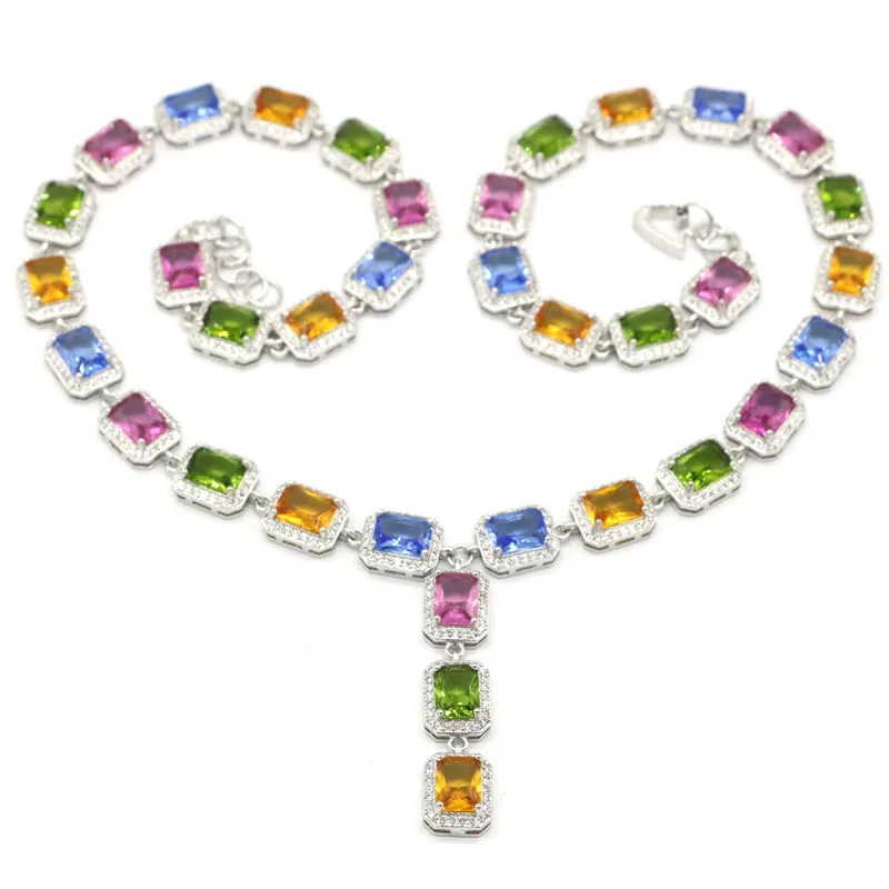 

40x9mm NewDesign Multi Color Created Peridot Tourmaline Citrine Violet Tanzanite CZ For Women Silver Necklace 18-20inch