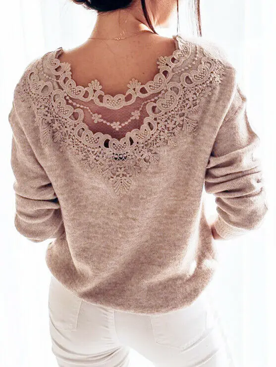 

Sexy Elegant Lace Stitching Backless Pullover Women Long Sleeve Tops Autumn Winter 2019