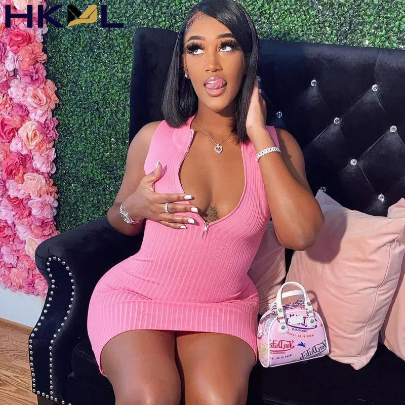 

Knitted Women Sleeveless Mini Dress Zipper Bodycon Sexy Streetwear Party Casual 2021 Summer Clothes