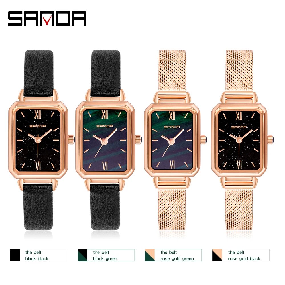 Женские часы Sanda с маленьким прямоугольным зеленым циферблатом элегантные 2020