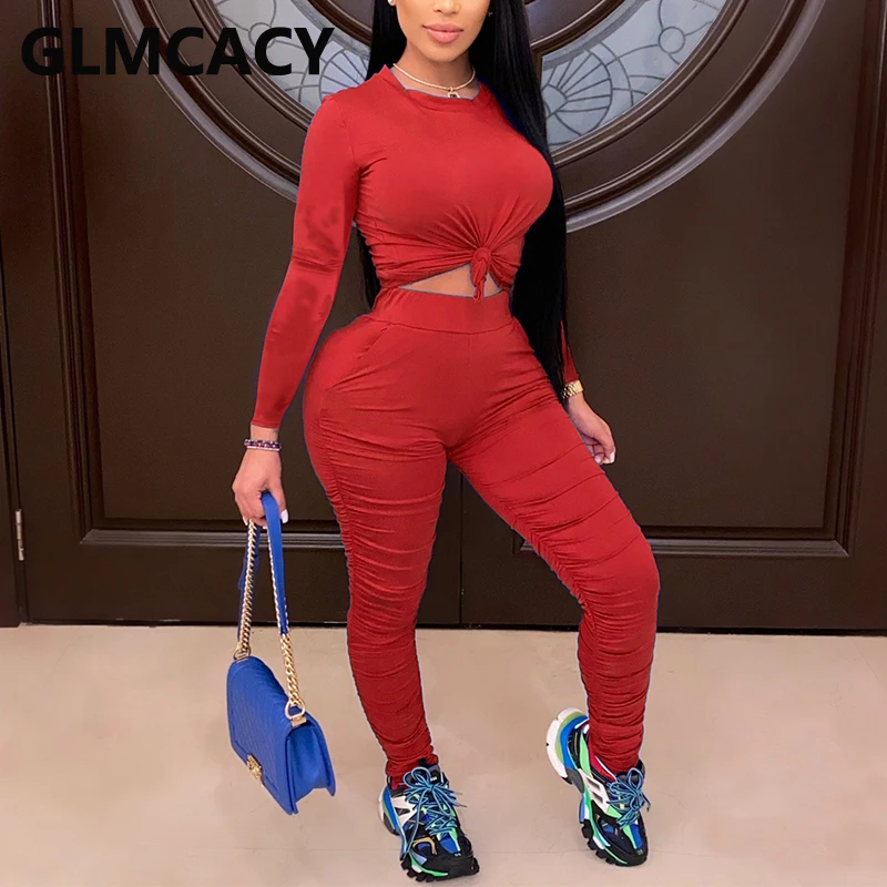 

Women Two Piece Chic Streetwear Suits Long Sleeve Shirt & Ruched Pants Set