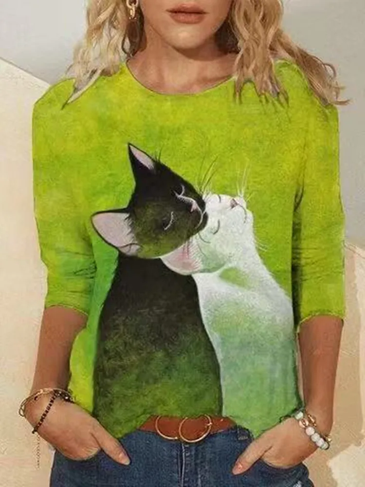 

2021 Spring Casual O-Neck 3D Lovely CAT Three Quarter Sleeve Women T-Shirts Women Patchwork Pullover Cartoon Loose Tops