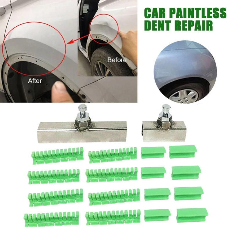 

18X Paintless Dent Removal Puller Tabs Teeth Tools Kit with Glue Sticks for Dent Repair of Car Body Hail Damage Green