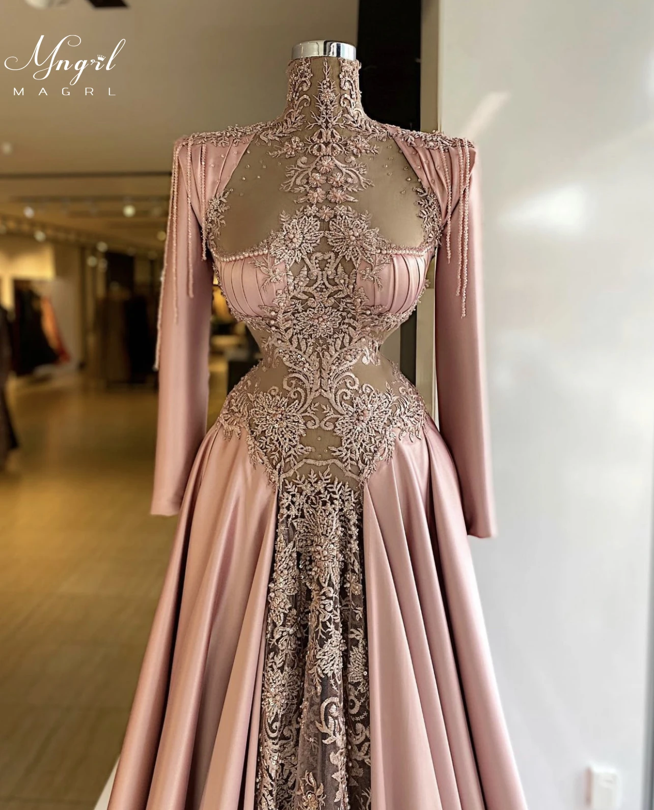 

MNGRL Luxury Evening Dress One-shoulder Long Sleeves Hand-applied Diamonds Glittering 2021 New Evening Dress Party Dress