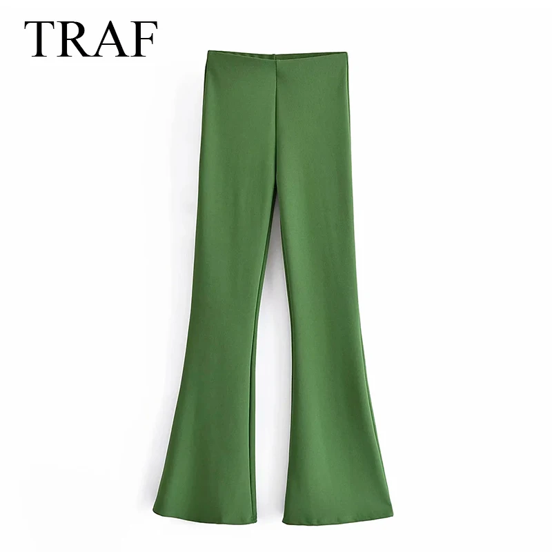 

TRAF ZA 2021 Pants Fashion High Waist Elastic Solid Full Length Flare Pants Woman Clothes Slim Long Trousers Vintage Streetwear
