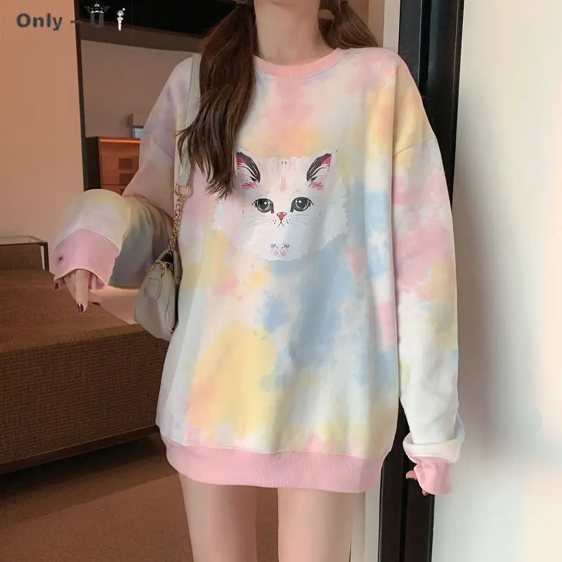 

Sweatshirts Women Cat Printed Hoodies Casual Tie Dyed Spring Thin Loose Korean Style Female Pullovers Mujer Clothing O-Neck Tops