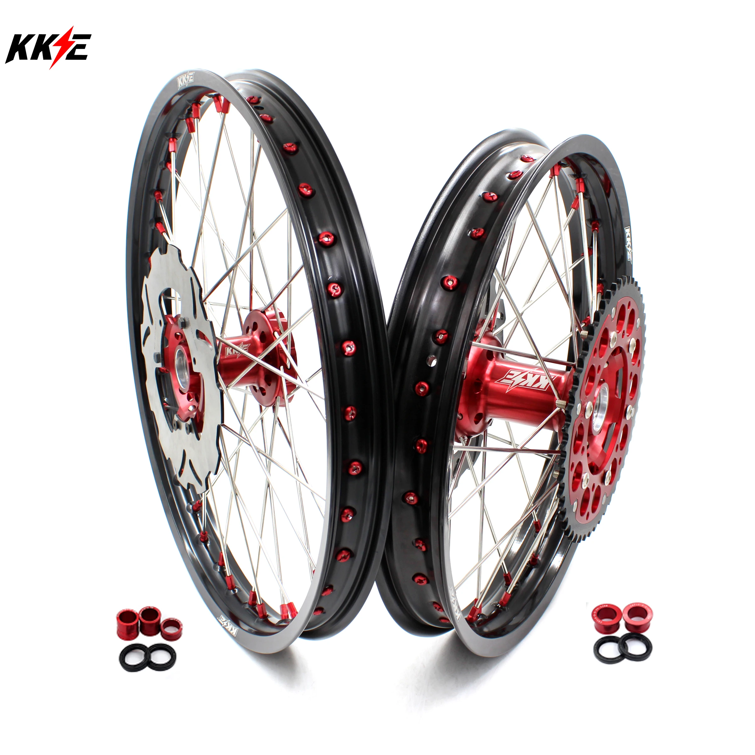 KKE 21*19" MX Wheels Rims Set For HONDA CR250R 2004-2013 CRF450R 2002-2012 Red Nipple and Sprocket Discs |