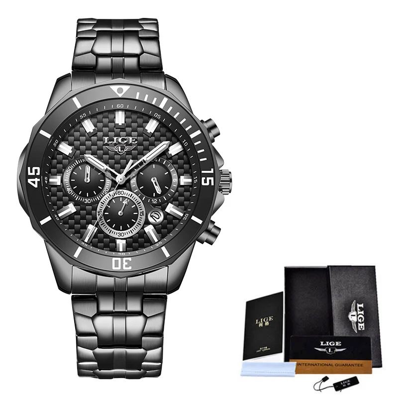 

LIGE Hot Sale Business Men Watch Fashion Black Chronograph Stianless Steel Wristwatch Casual Waterproof Clock relogio masculino