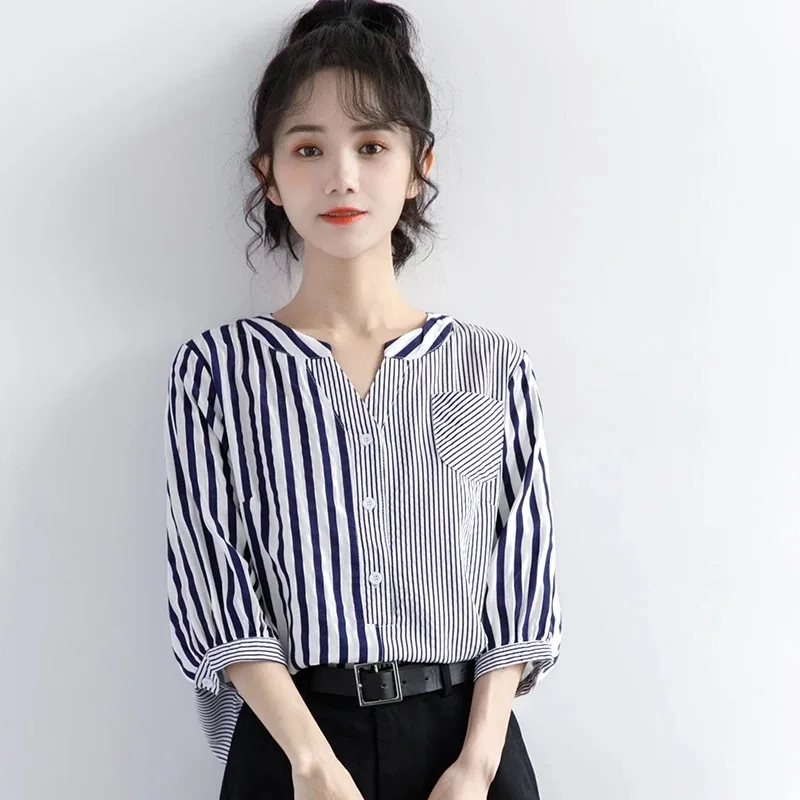 

Chiffon Loose Women's Shirts New Fashion Blouses Stripes V-neck Shirts Summer Casual Short Sleeve Blusas Houthion