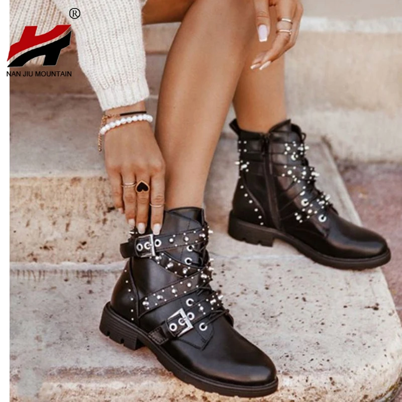 

NAN JIU MOUNTAIN 2020 Women Shoes Ankle Boots Outdoor Platform Boots Autumn Rivet Fashion Solid Color Comfortable Plus Size 41