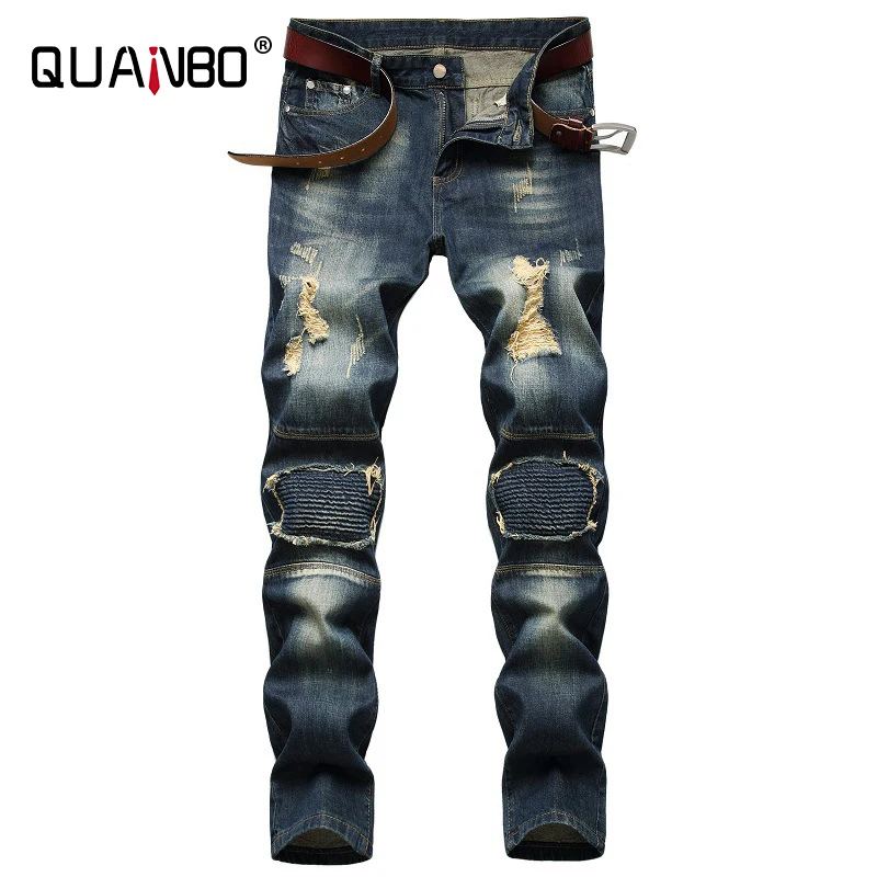 

QUANBO Men's Ripped Distressed Destroyed Slim Fit Straight Leg Denim Jeans 2020 New Fashionn Men Distressed Denim Jeans