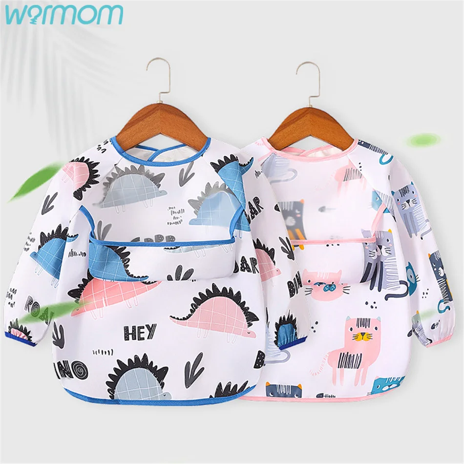 

Warmom Baby Bibs Thin Waterproof Dirt-proof Small Aprons Baby Eating Meal Pocket Long-sleeved Protective Clothing Autumn Winter