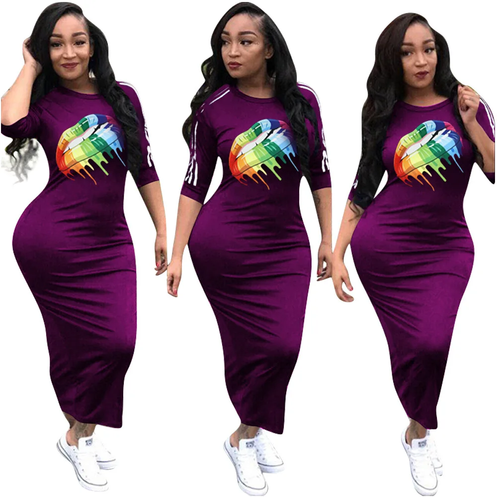 Повседневное Для женщин Bodycon платье летние модные разноцветные радужные губы офсетная печать обхват талии, обхват бедер, ужин платья для Для женщин vestidos mujer - Color: -2