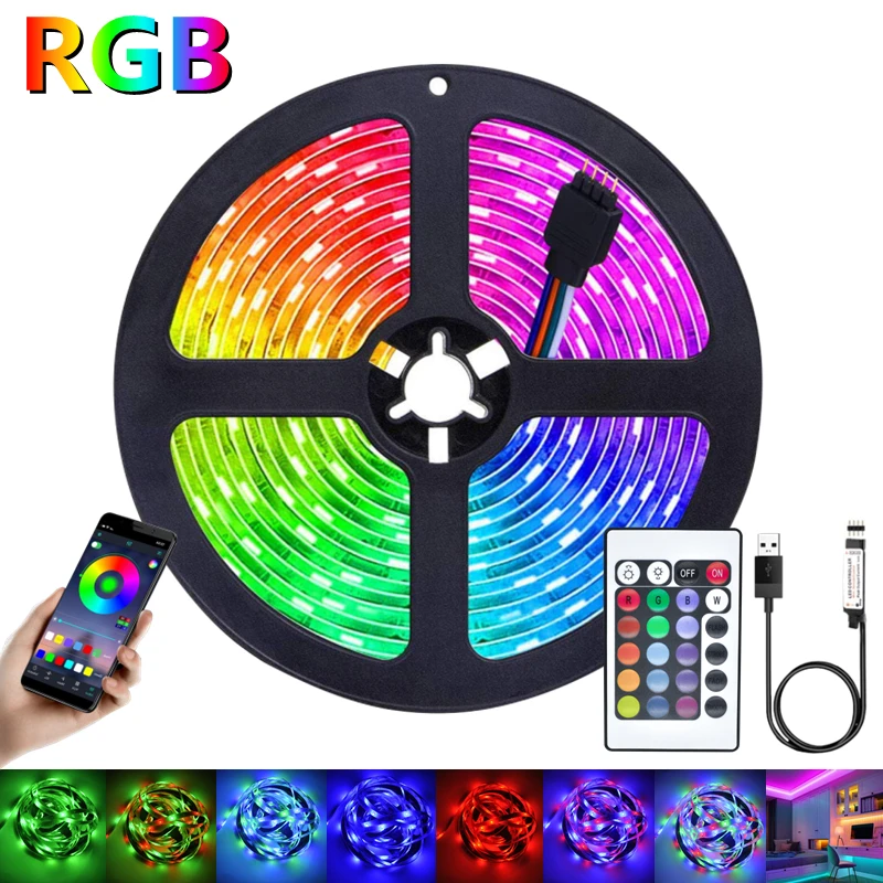 

Светодиодная лента RGB2835/5050 SMD, Диодная Гибкая лампа, лента, Bluetooth, 3 клавиши, ИК-пульт дистанционного управления, 5 в постоянного тока, питание о...