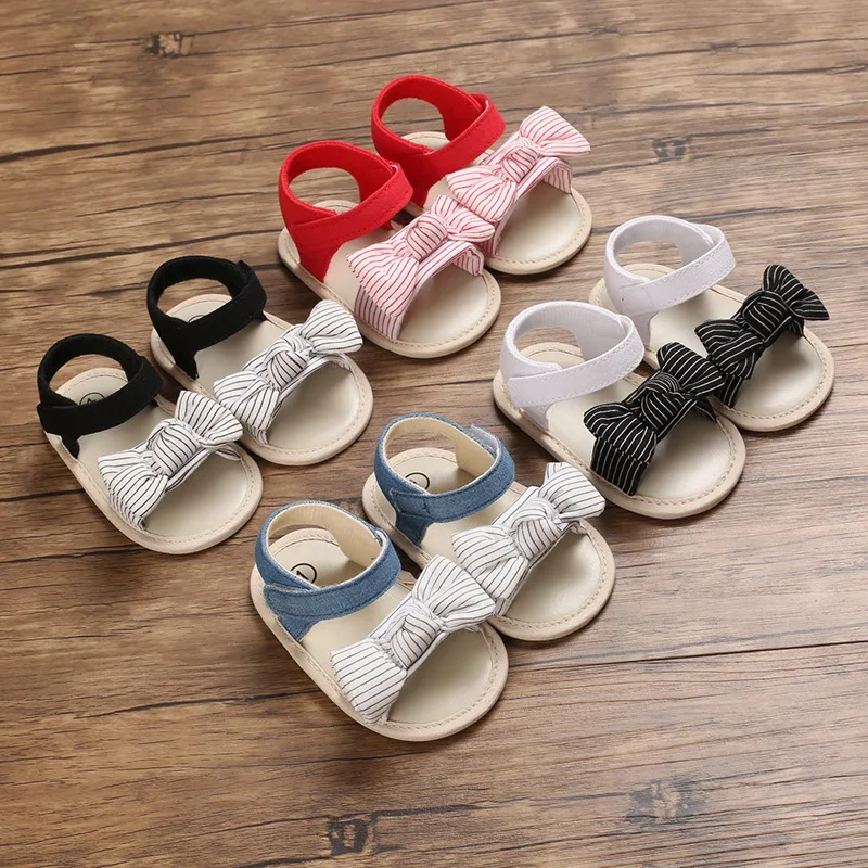 

Baby's Lovely Stripe Bow Sandals With Soft Soles Summer Cotton Fabric Shoes For Toddler Girls