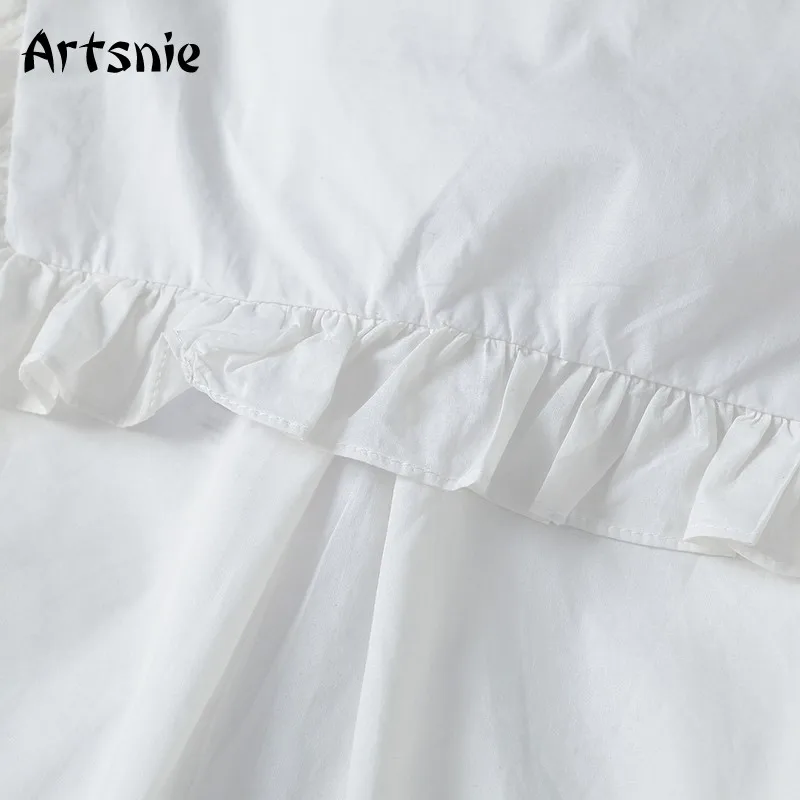 

Artsnie peter pan collar ruffles white blouse women autumn lantern sleeve tops shirt female vintage lace up loose blouses blusas