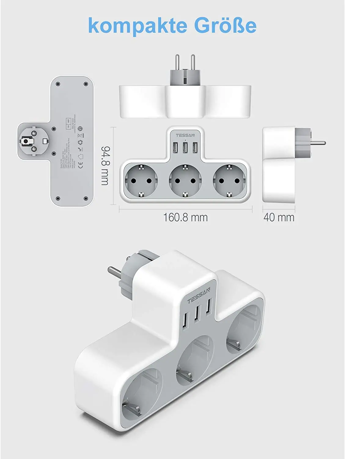 TESSAN EU Standard Plug Power Strip with 3 USB Ports &amp AC Outlets Multi Extender Wall Socket Adapter Type-E/F |