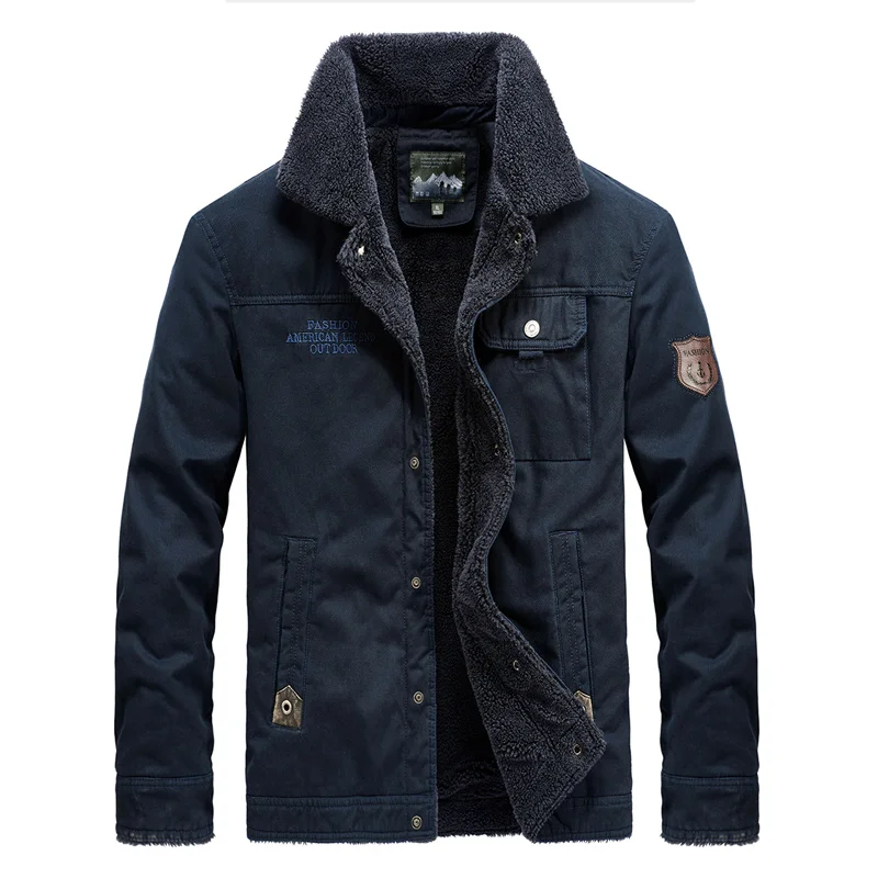 Thicken Navy Blue Осенне-зимняя мужская повседневная куртка на пуговицах с длинным рукавом, модная уличная приталенная винтажная ретро куртка из чистого хлопка, плотная, размера плюс - Цвет: Thicken Navy Blue