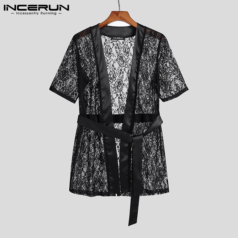 

Men Mesh Robes See Through Short Sleeve Lace Homewear Sexy Bathrobes With Belt 2021 Cozy Leisure Men Nightgown S-5XL INCERUN