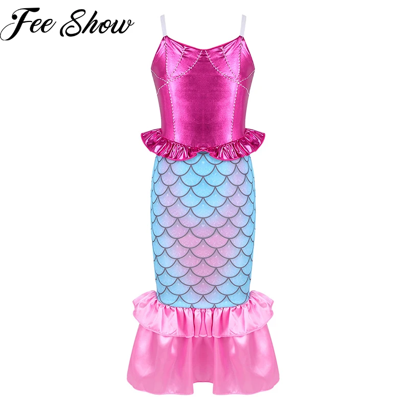 Детское платье Русалка для девочек длинное с принтом рыбьей чешуи нарядный