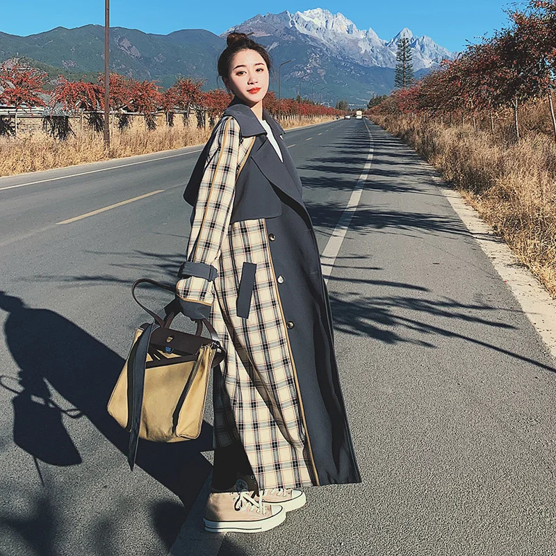 

In Stock! 2021 Autumn Clothes Main Push Design Plaid Stitching Trench Coat