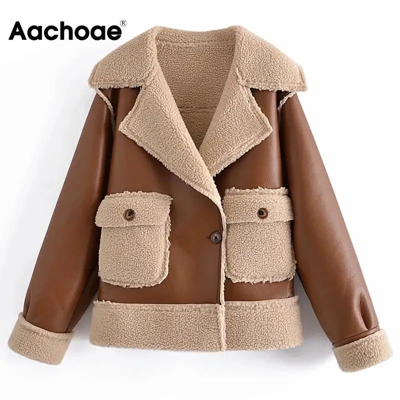 

Aachoae Autumn Winter Chic Women Faux Fur Brown Color Long Sleeve Jacket Coat Female Single Button Long Sleeve Elegant Outerwear