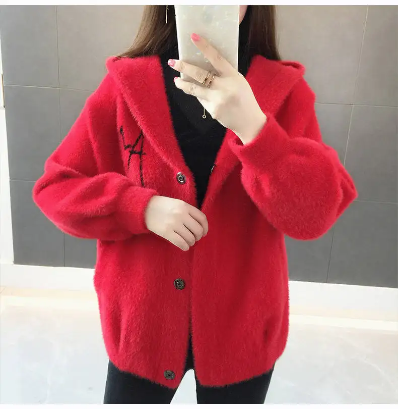 Women Mink Fur Jacket Autumn Winter Women Coat Loose Embroidered Thick Velvet Hooded Sweater Female Cardigan