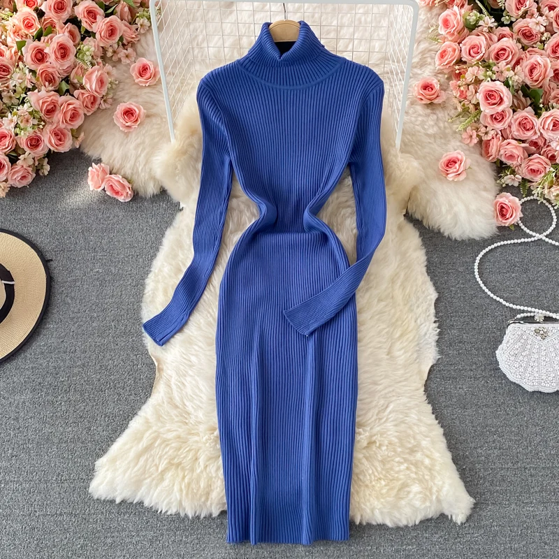 

Elegant Party Women Turtleneck Knitted Dress Long Sleeve Mid Calf Pencil Robe Casual Office Lady Solid Black Ribbed Vestidos