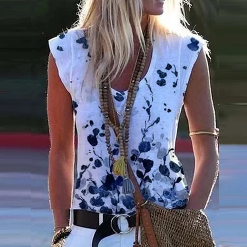 

Summer Women Elegant Floral Print Colorful Print Blouse Shirts Fashion Sexy V-Neck Sleeveless Tops Female Casual Loose Blusas