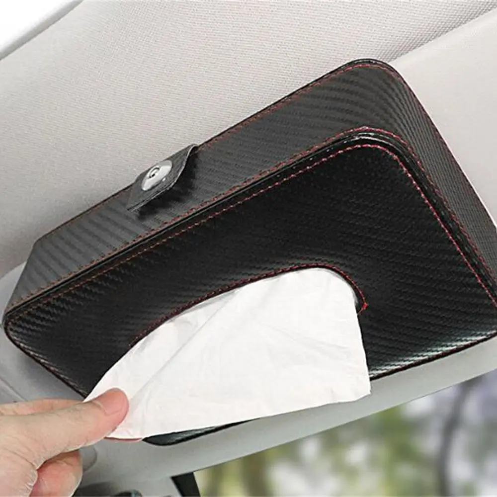 

Car Tissue Box Carbon Fiber PU Sun Visor Hanging Type Tissue Cover In Car Styling
