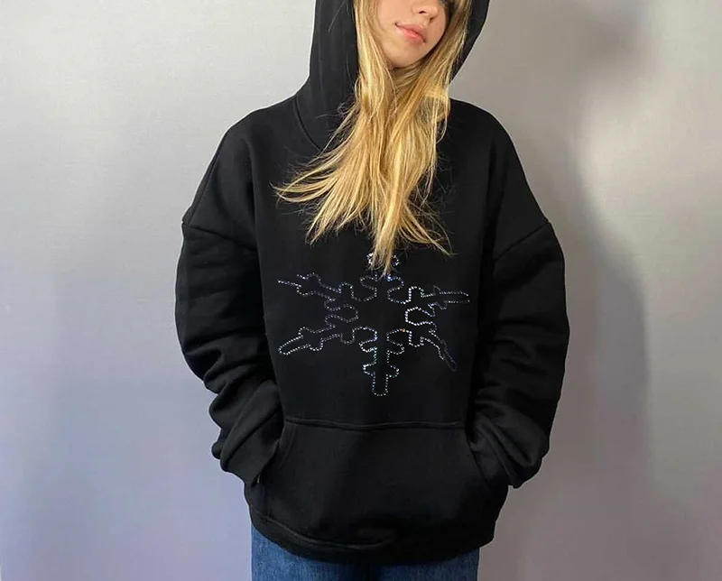 

Snowflake Hoodie Women Black Oversized Sweatshirt 2021 Vintage Long Sleeve Top Gothic Hood Pullovers Couple Tops Female Coat